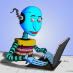 Cartoon of AI robot typing on a computer keyboard