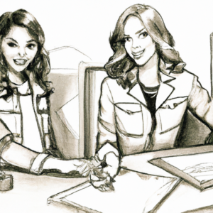 Pencil drawing illustration of 2 women in fundraising meeting