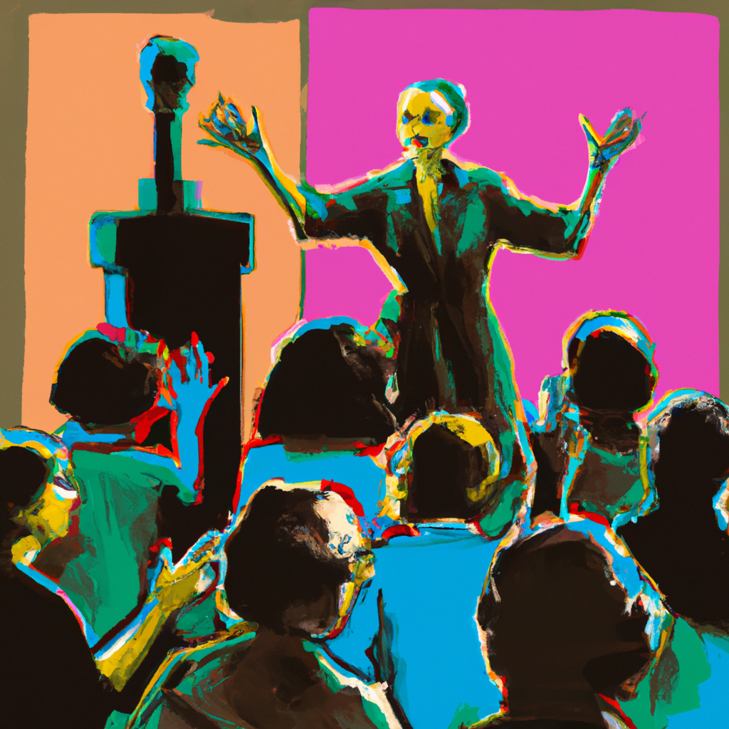 Cartoon image of woman speaking to audience